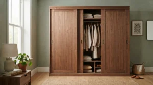 A natural oak wooden finish sliding door wardrobe adding warmth to a traditional style bedroom.
